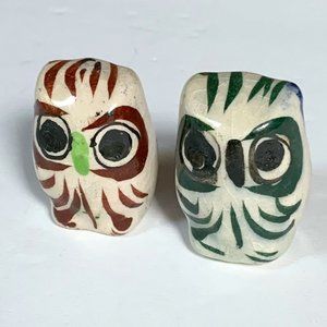 2 Mini Tonala Owls Mexican Folk Art Hand Painted Mexico Owl Pottery Flower